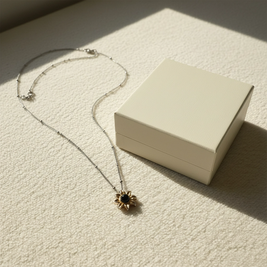 Personalized pet photo sunflower projection necklace in an elegant keepsake gift box