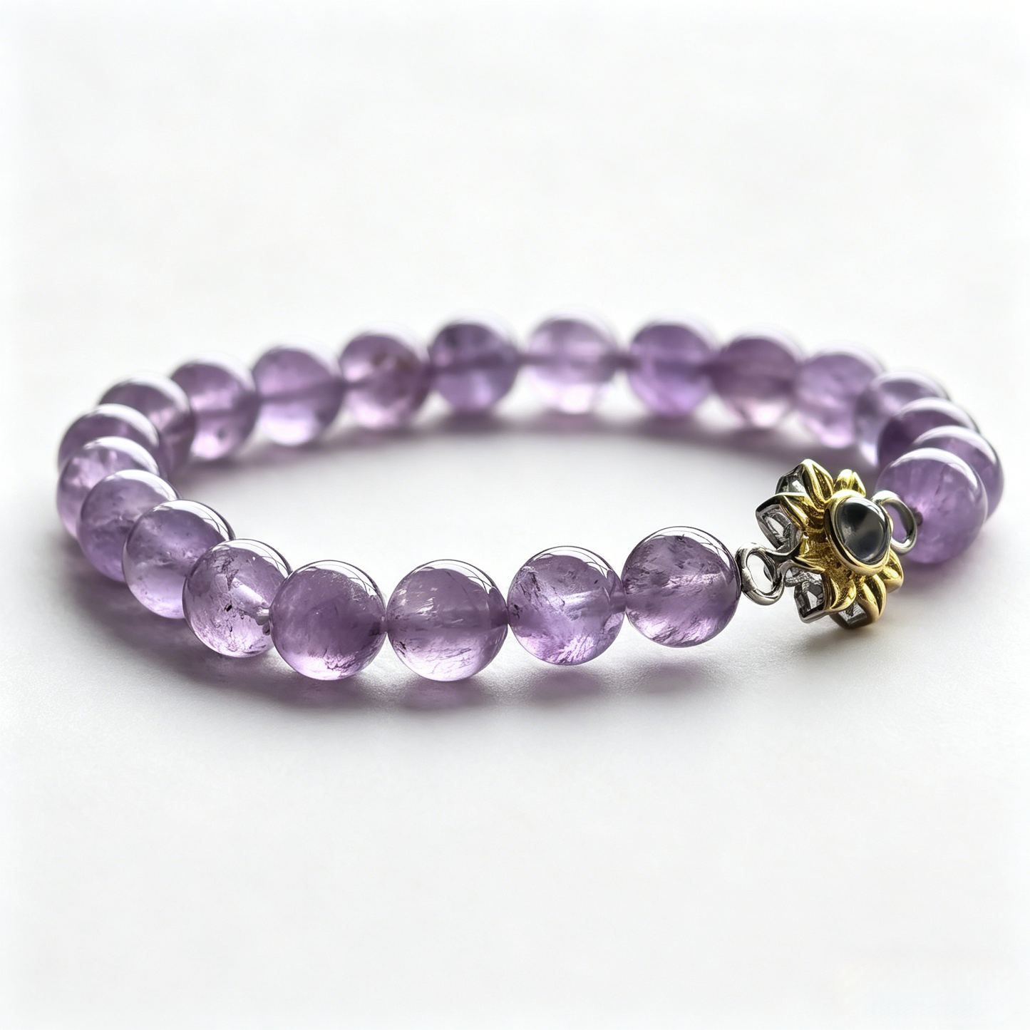 Aurmory Lavender Amethyst Memory Projection Bracelet — side view displaying lavender amethyst beads with crystal projection pendant