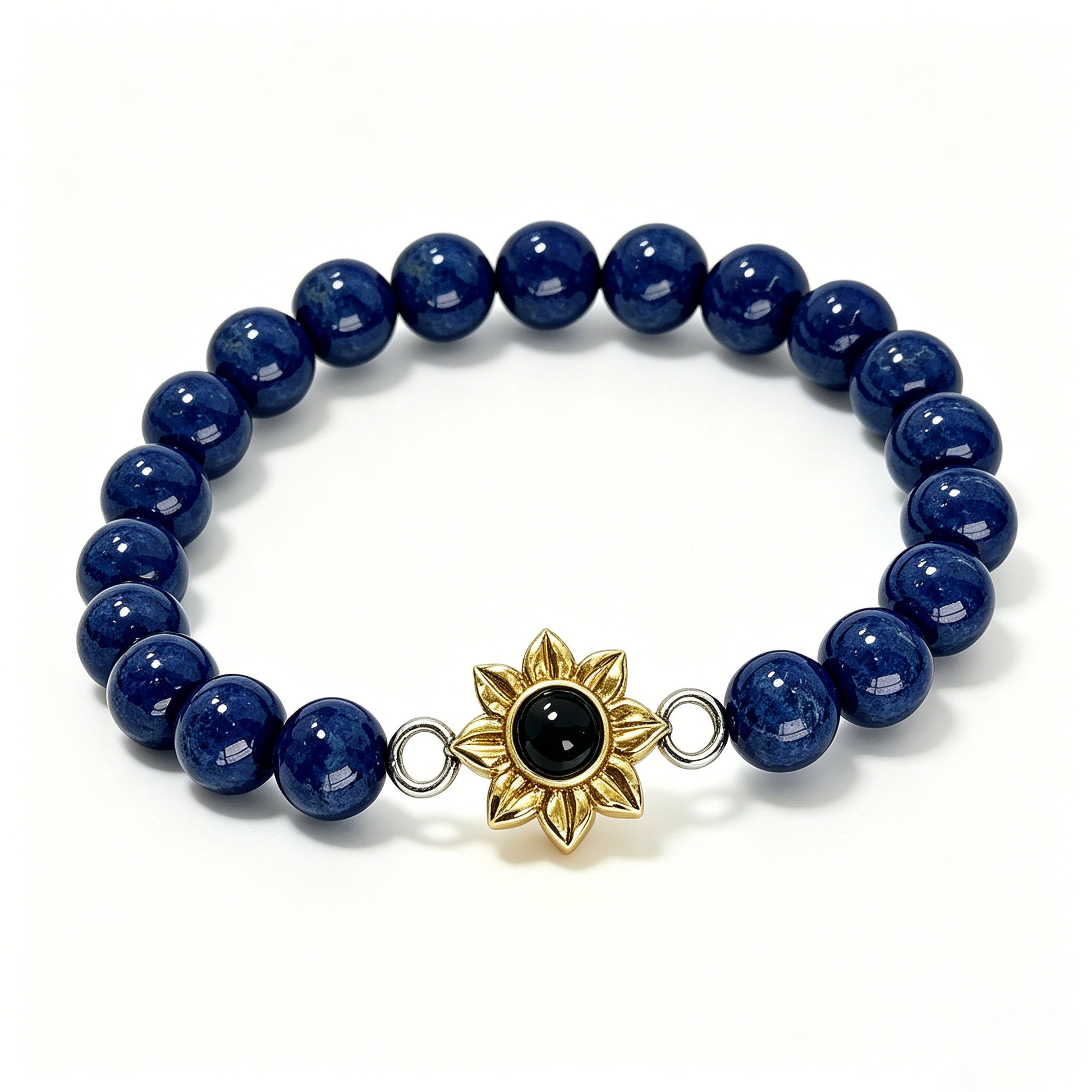 Aurmory Lapis Lazuli Memory Projection Bracelet — front view displaying natural lapis lazuli beads with crystal projection pendant