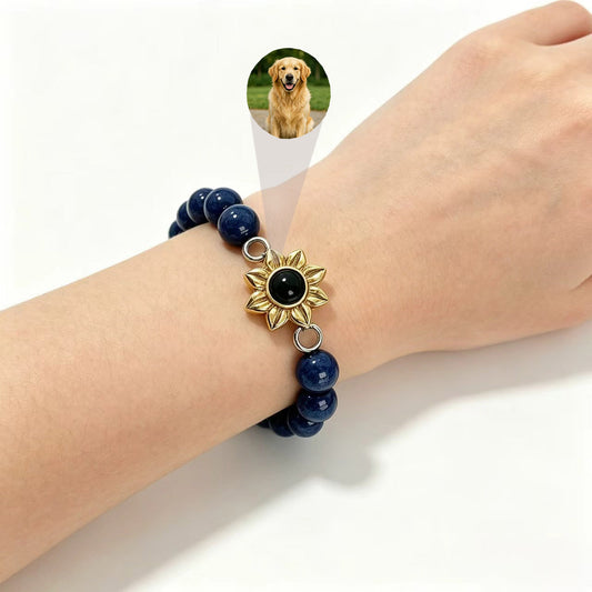 Aurmory Lapis Lazuli Memory Projection Bracelet worn on wrist, showing pet photo projection inside crystal pendant