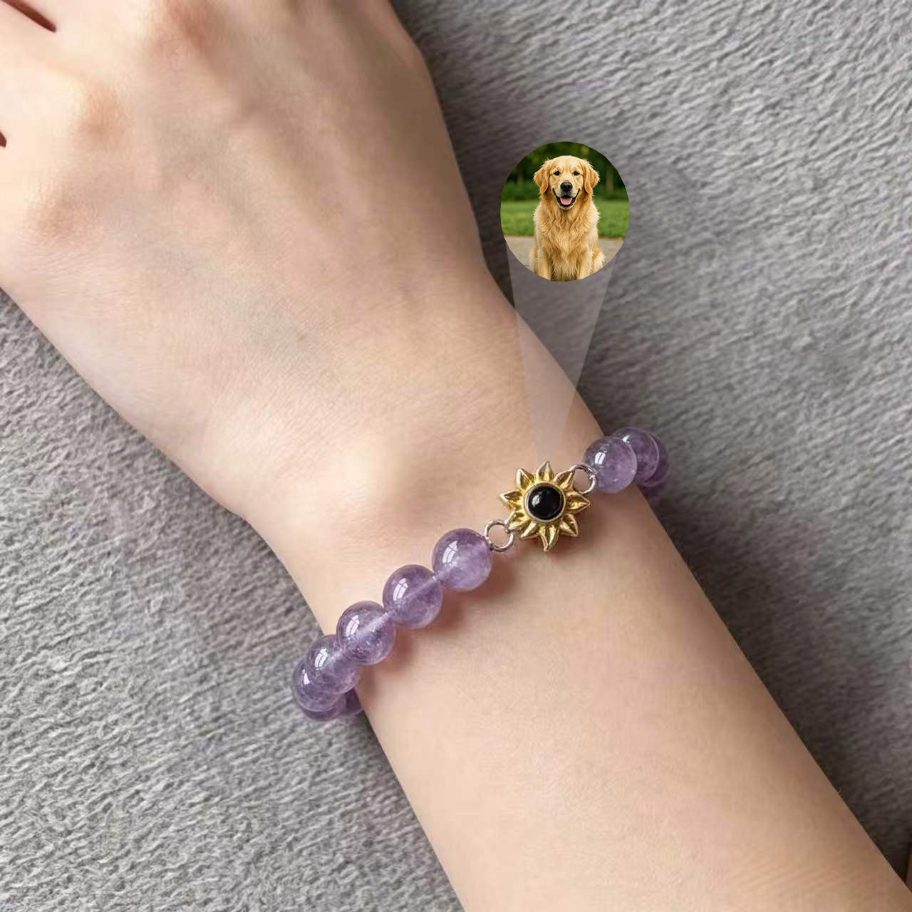 Aurmory Lavender Amethyst Memory Projection Bracelet worn on wrist, showing pet photo projection inside crystal pendant