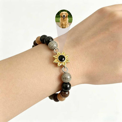 Aurmory Phantom Quartz Memory Projection Bracelet worn on wrist, showing pet photo projection inside crystal pendant