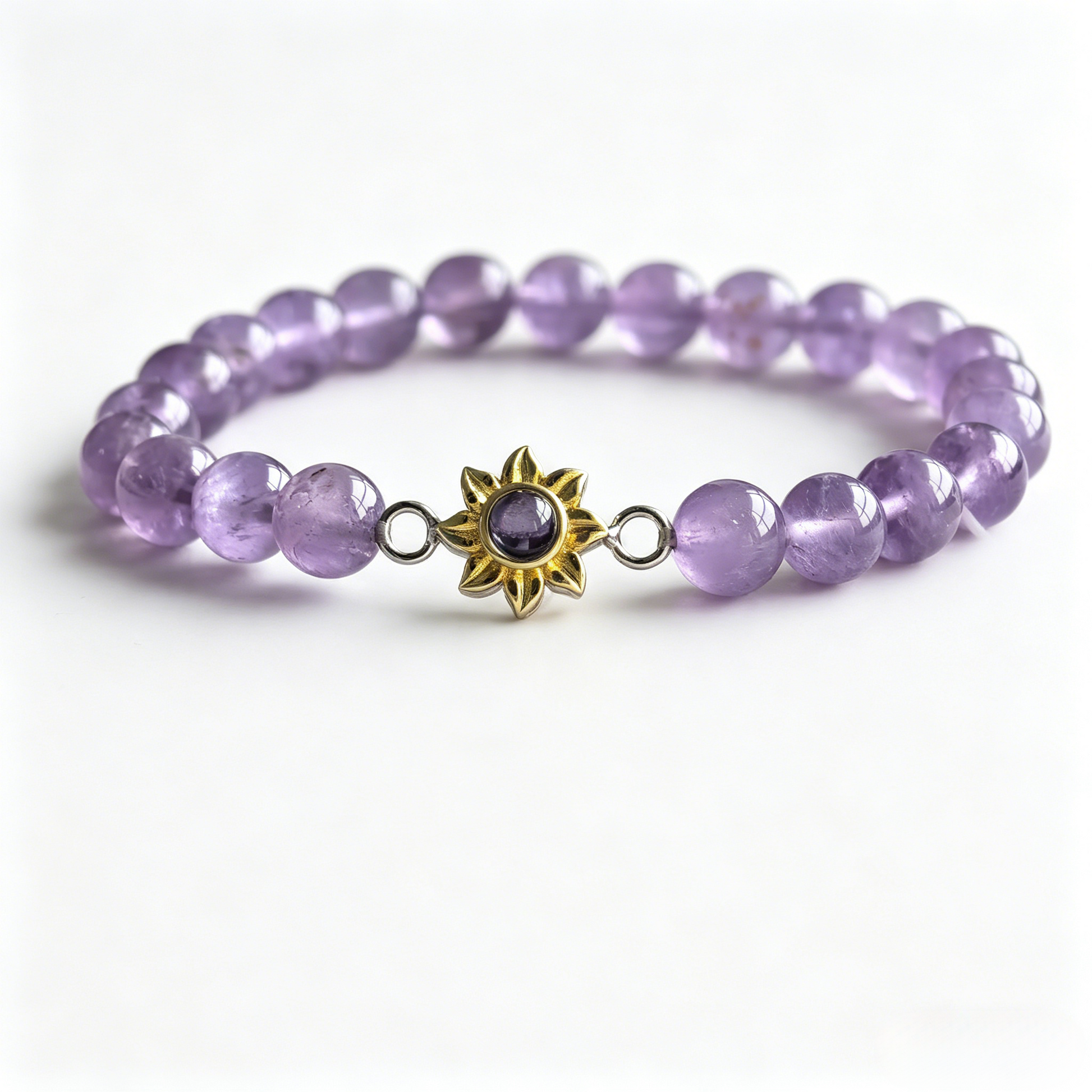 Aurmory Lavender Amethyst Memory Projection Bracelet — front view displaying lavender amethyst beads with crystal projection pendant