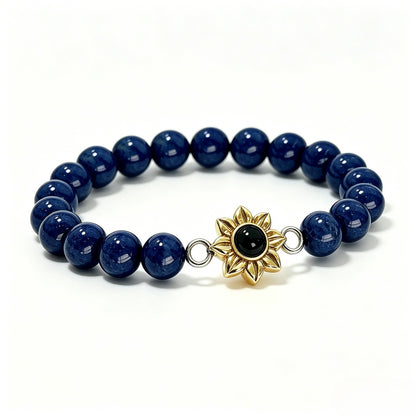 Aurmory Lapis Lazuli Memory Projection Bracelet — front view showing natural lapis lazuli beads and crystal projection pendant