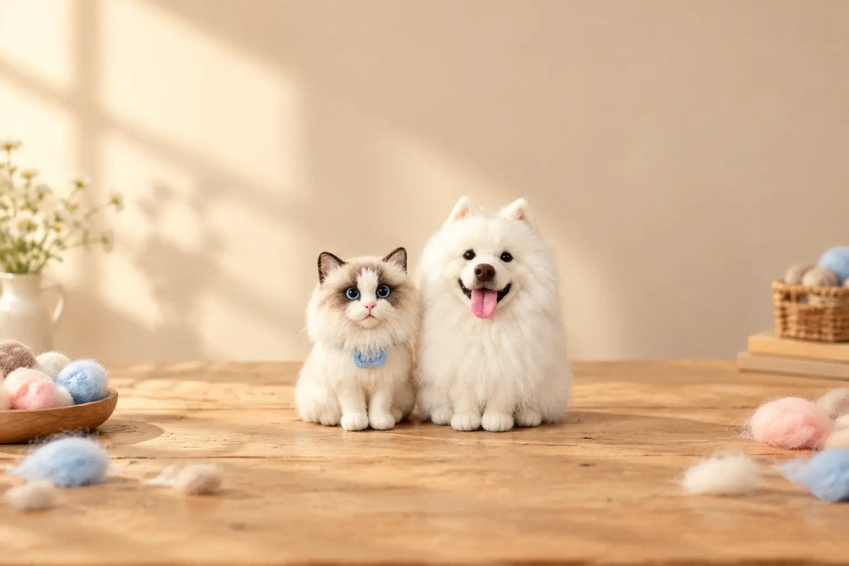 Custom needle-felted ragdoll cat and white dog full body figurines handmade from wool - Aurmory