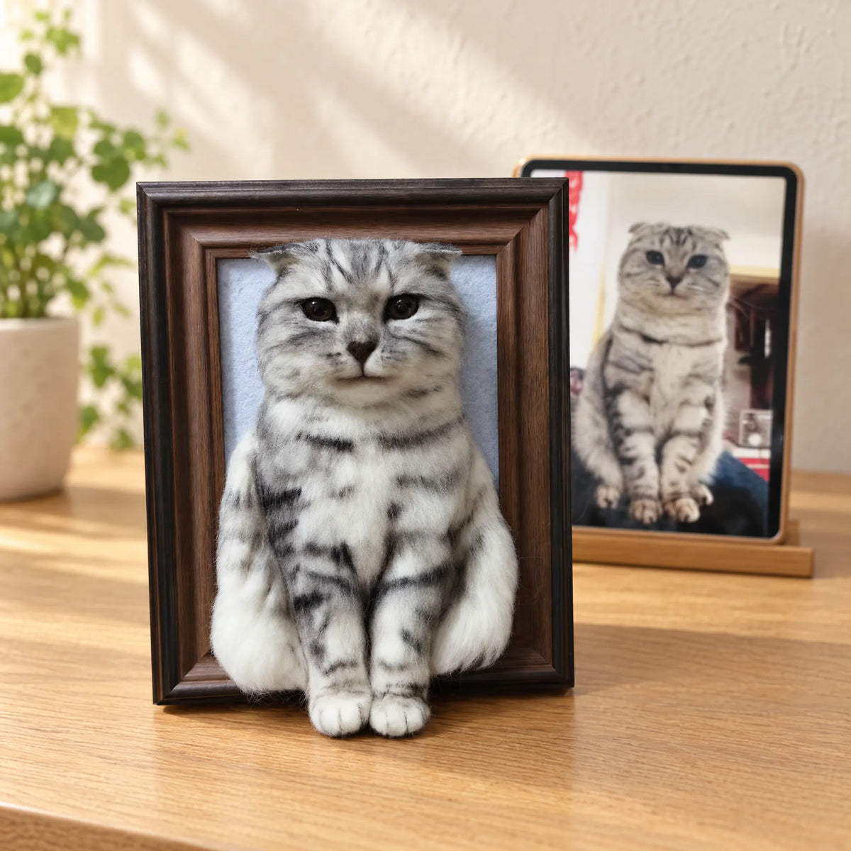 Custom framed needle-felted cat portrait