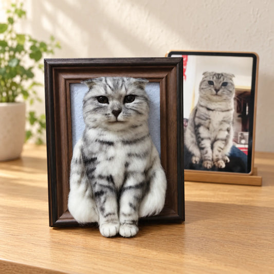 Custom framed needle-felted cat portrait