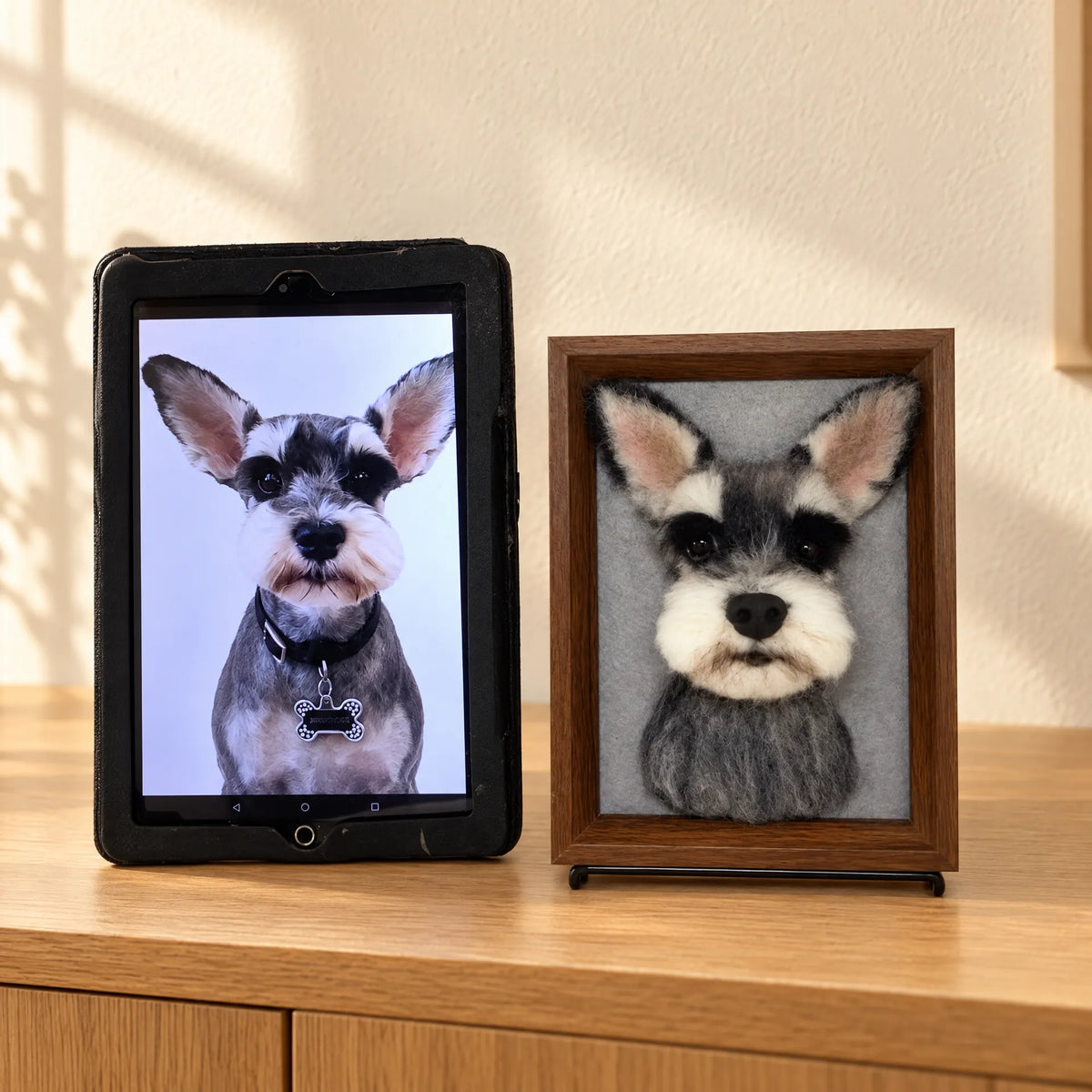 Custom framed needle-felted dog portrait