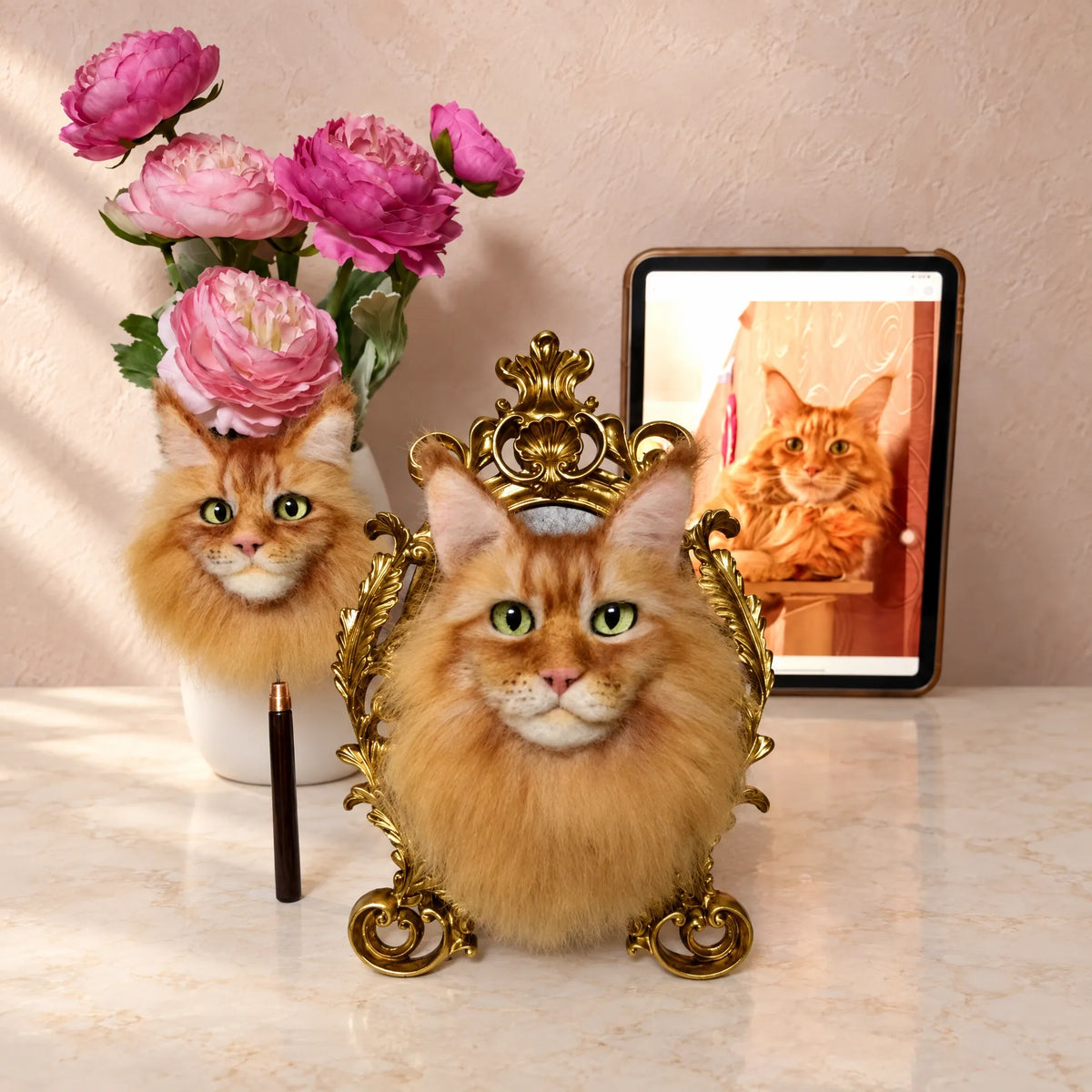 Custom framed needle-felted fluffy cat portrait