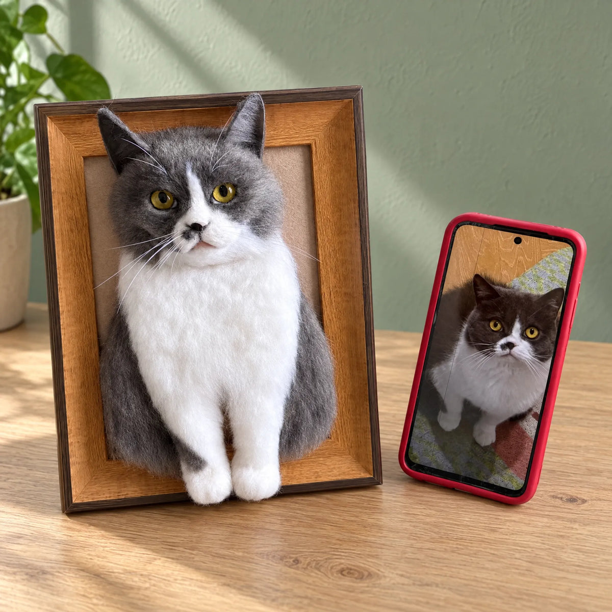 Custom framed needle-felted gray cat portrait