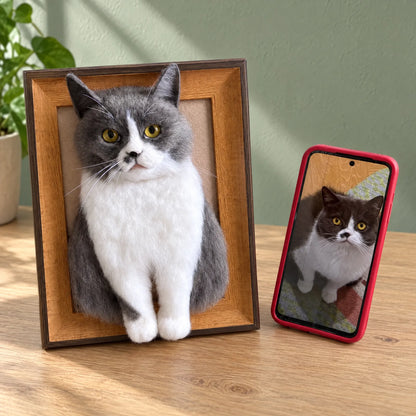 Custom framed needle-felted gray cat portrait