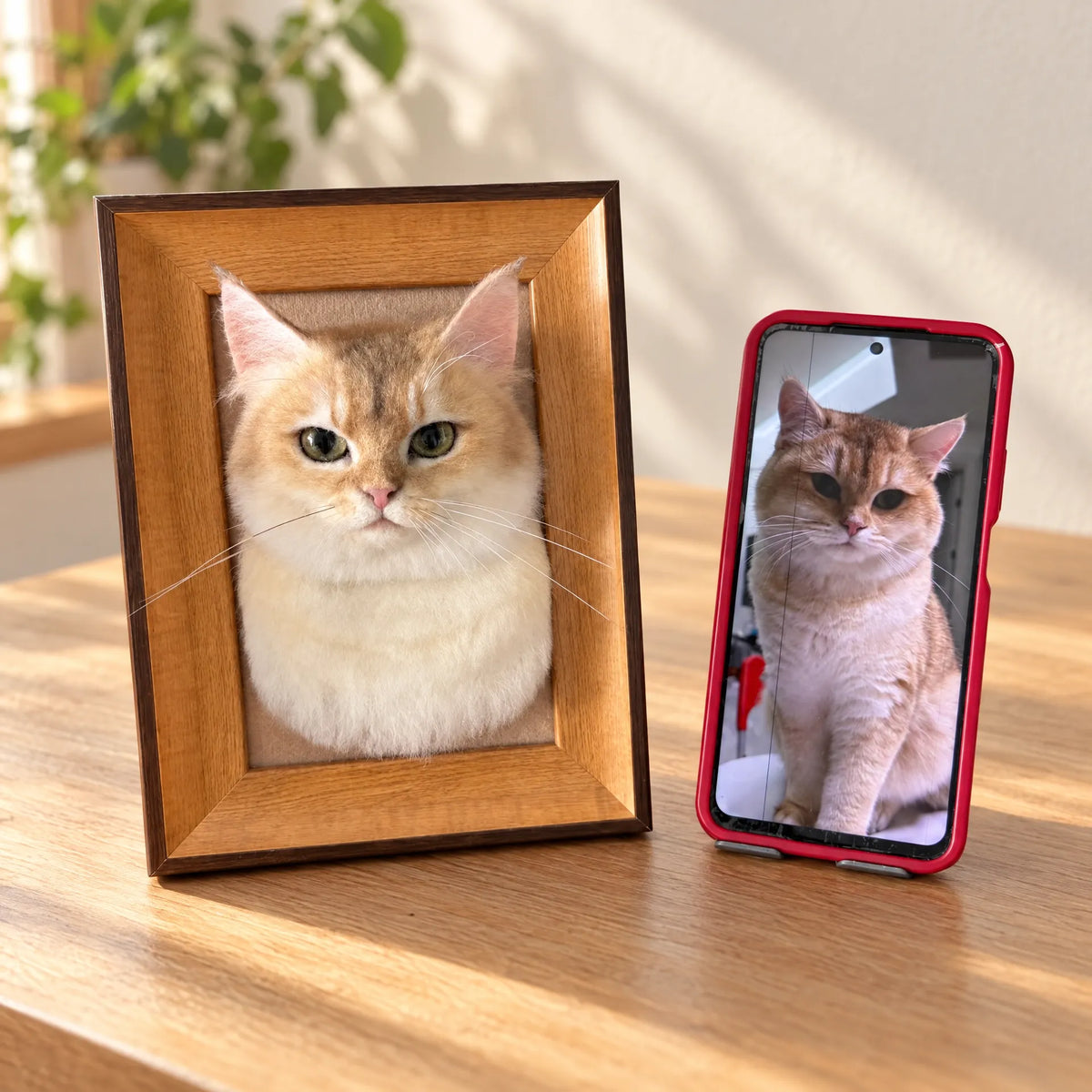 Custom framed needle-felted orange cat portrait