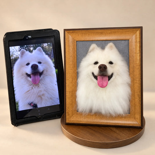 Custom framed needle-felted portrait of a white dog