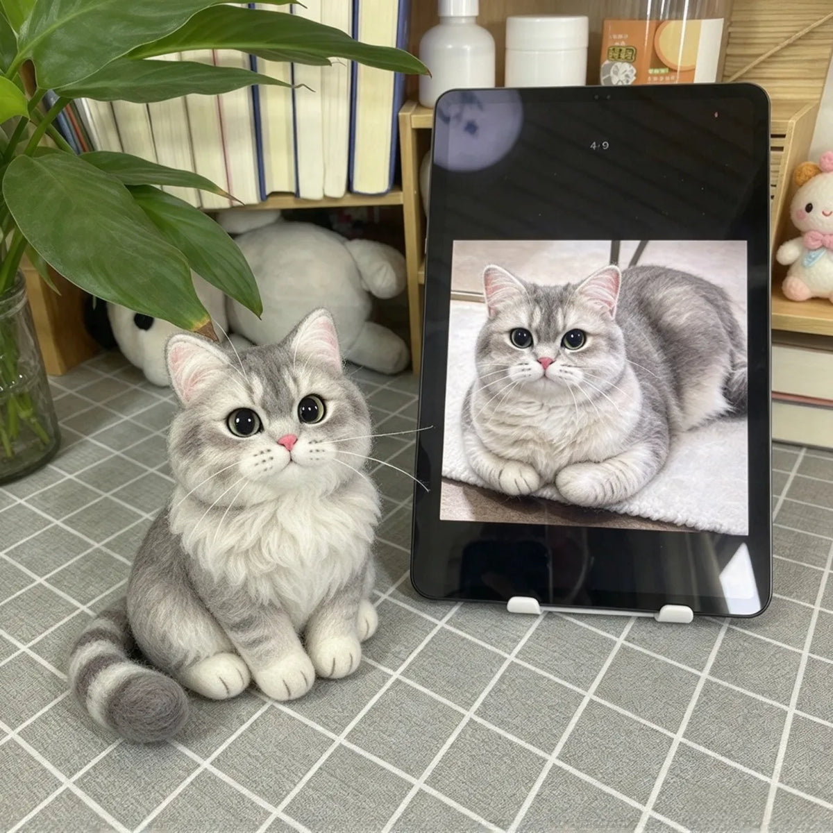 Handmade wool felt cat figurine created as a custom pet keepsake
