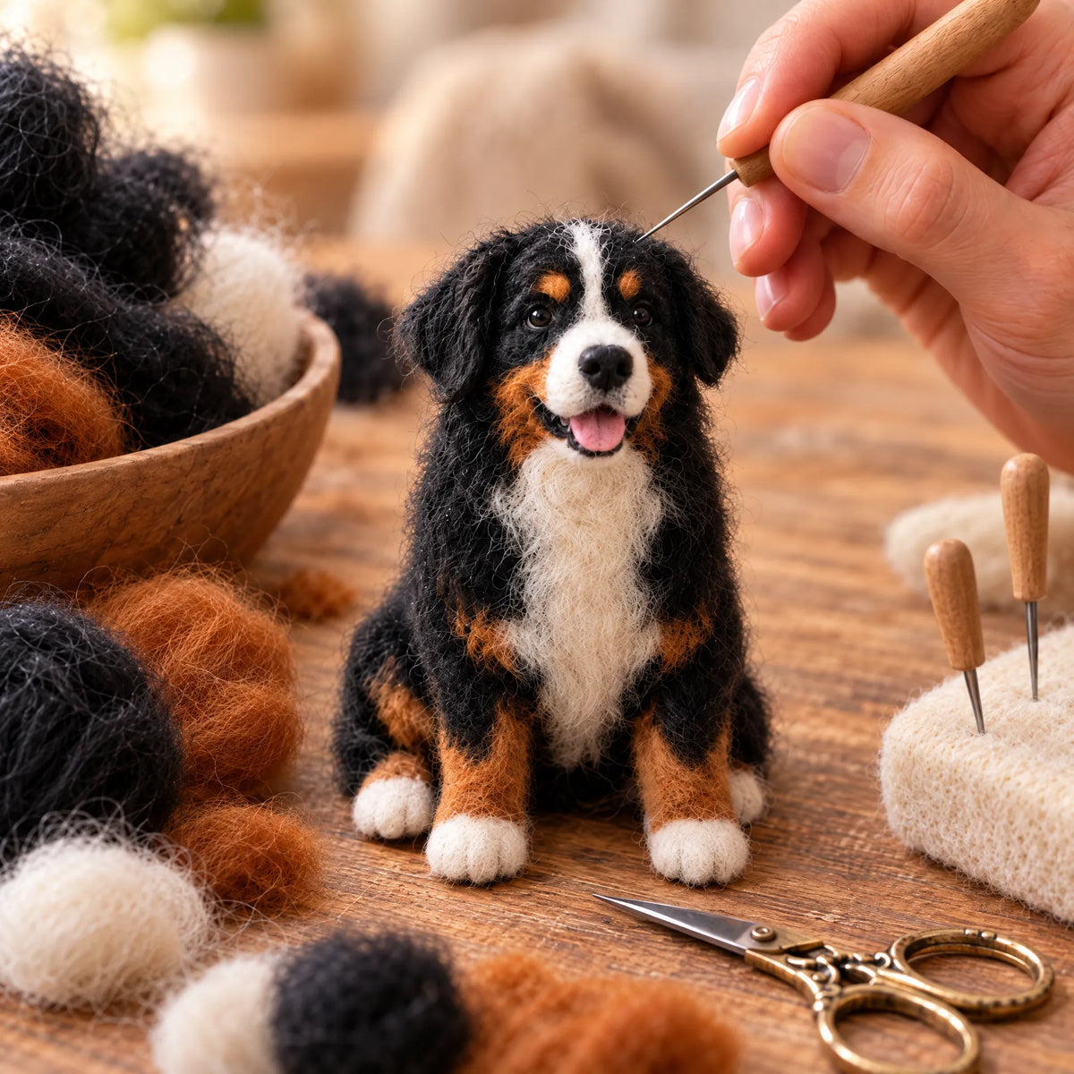 Detailing a lifelike custom wool pet figurine by hand