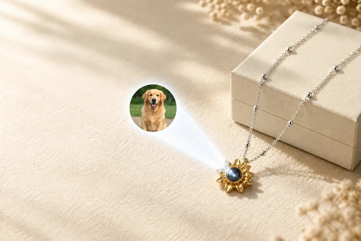 Custom pet photo projection sunflower necklace with golden retriever portrait - Aurmory