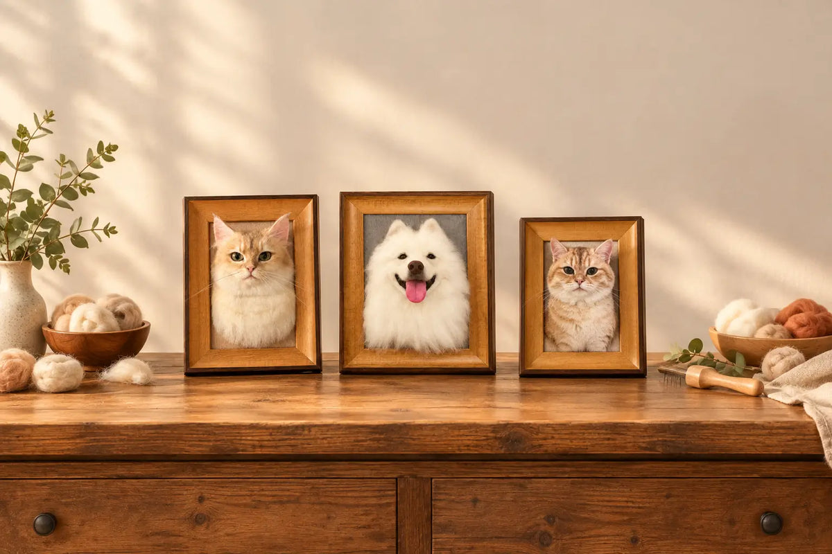 Three custom framed wool-felted pet portraits of cats and a dog displayed on a wooden table - Aurmory