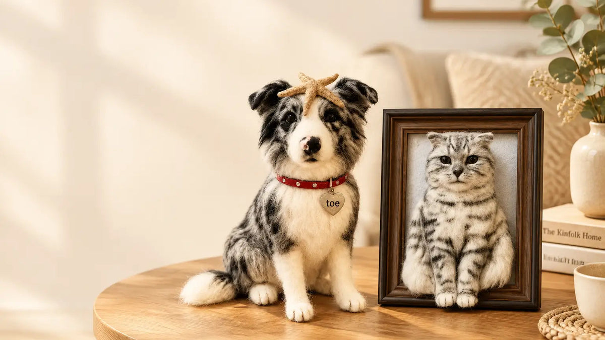 Handmade custom wool-felted dog figurine and framed cat portrait - Aurmory