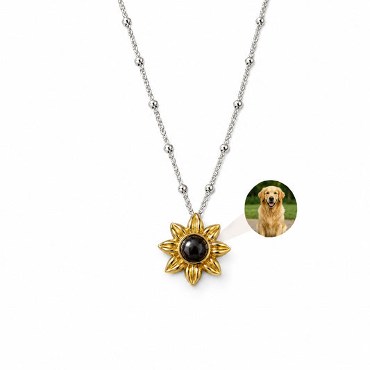 Custom pet photo sunflower projection necklace with hidden dog or cat picture inside
