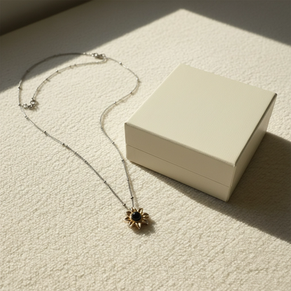 Personalized pet photo sunflower projection necklace in an elegant keepsake gift box