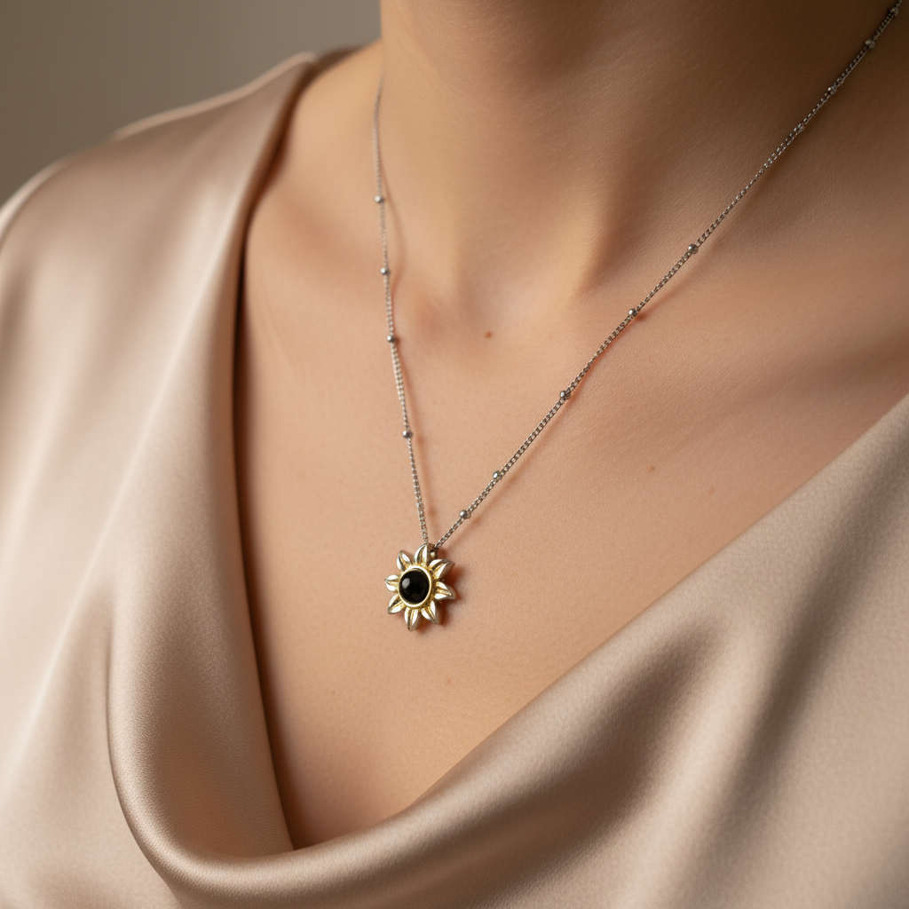 Model wearing custom sunflower pet photo projection necklace for dog and cat parents